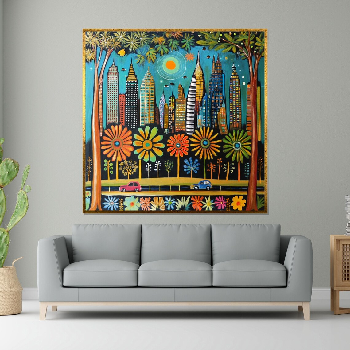 Whimsical Colorful City Skyline with Giant Flowers Modern Art Poster