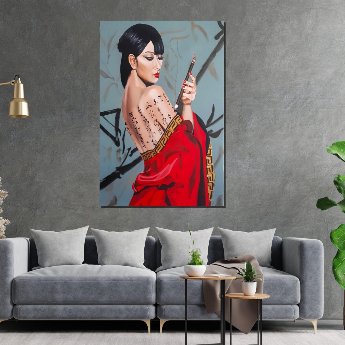 Geisha Beauty In Red Kimono With Calligraphy Bamboo Elegance Poster - Image 2