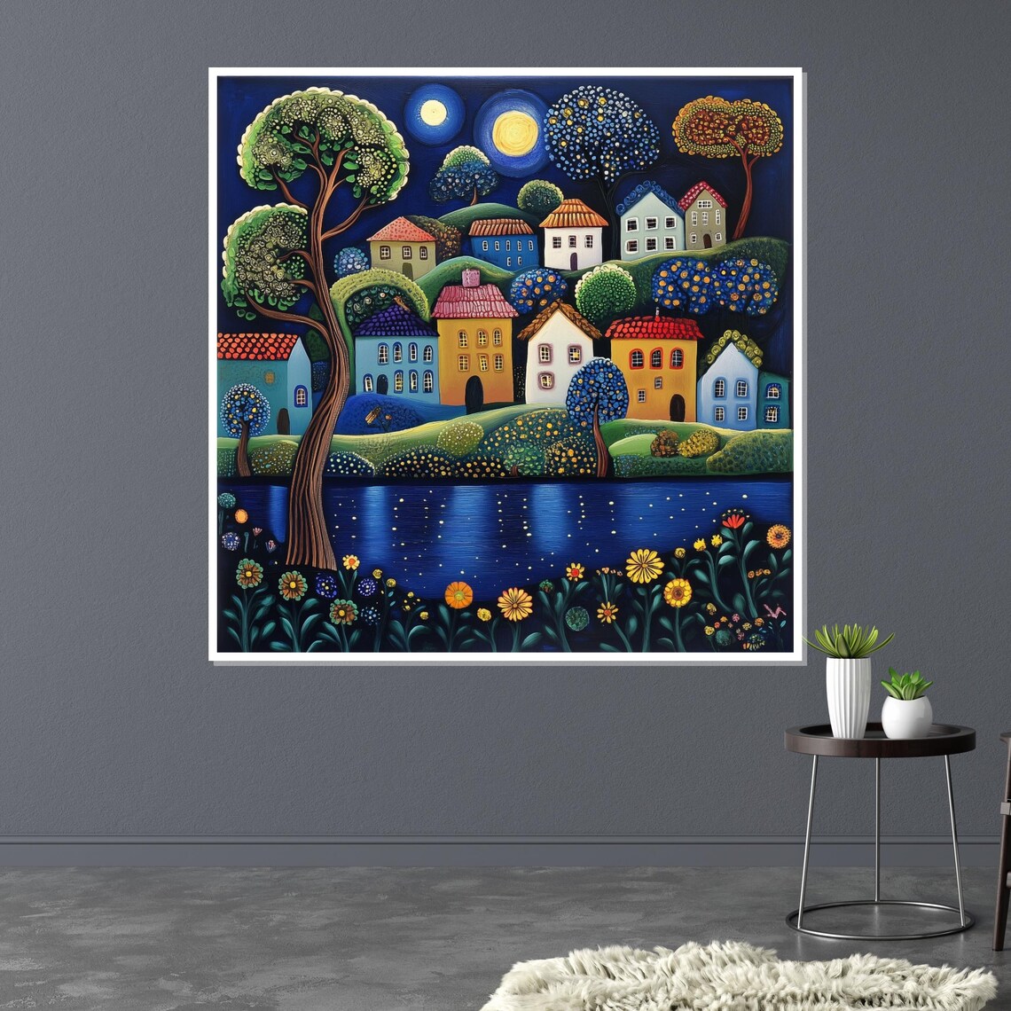 Moonlit Village Nightscape with Lake Colorful Folk Art Decor Poster - Image 3