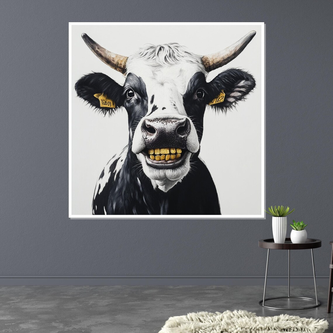 Grinning Black And White Cow With Gold Teeth Funny Farm Art Poster - Image 3