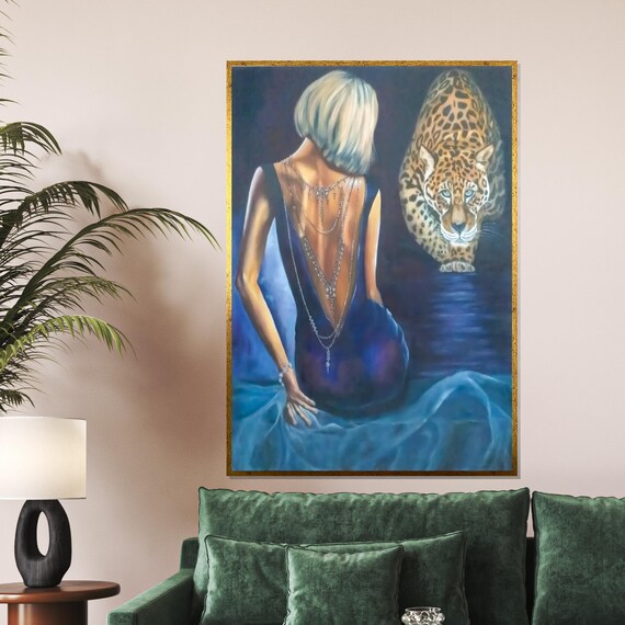 Blonde Woman in Blue Gown Walking With Leopard Wildlife Poster