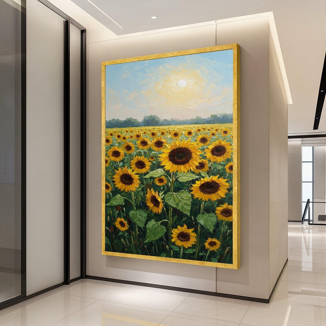 Sunflower Field Golden Hour Textured Oil Painting Landscape Print