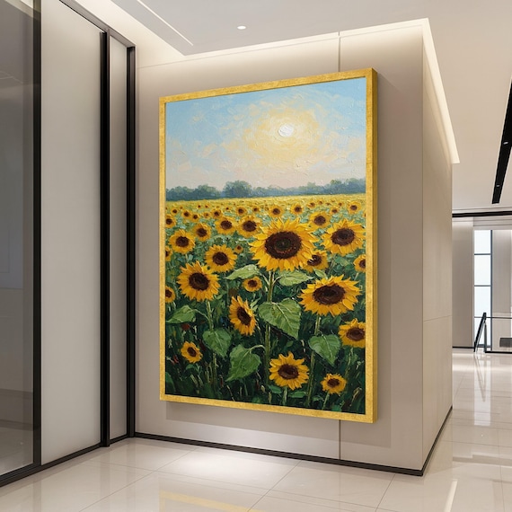 Sunflower Field Golden Hour Textured Oil Painting Landscape Print