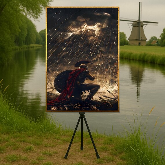 Roman Gladiator Kneeling In Stormy Battlefield Epic Wall Art