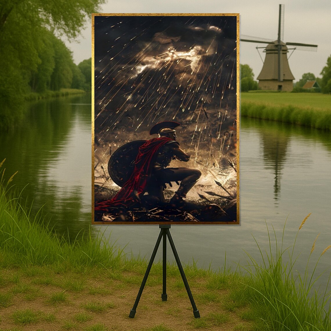 Roman Gladiator Kneeling In Stormy Battlefield Epic Wall Art