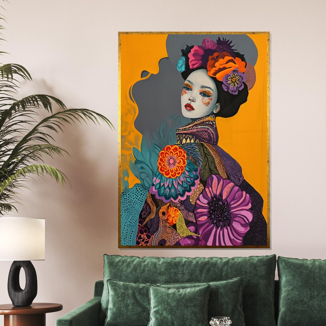 Colorful Floral Woman Portrait Vibrant Ethnic Bohemian Art Poster