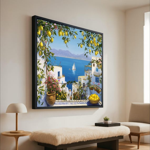 Mediterranean Balcony Canvas Print Coastal Wall Art Ready To Hang Lemon Tree Decor For Kitchen Or Living Room
