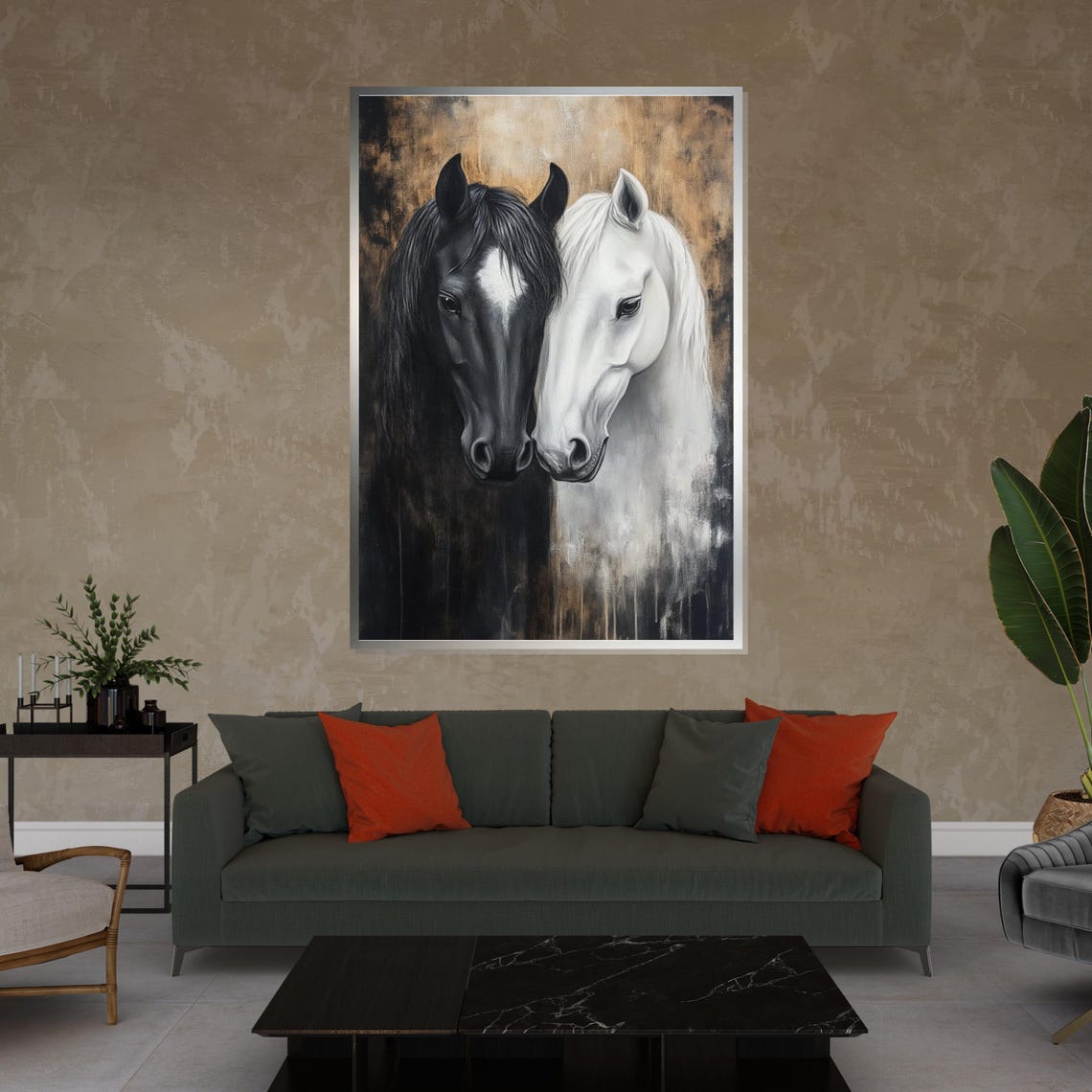 Black and White Horses Together Equine Contrast Decorative Poster - Image 4