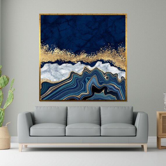 Blue Gold Marble Abstract Art Swirl, Geode Design