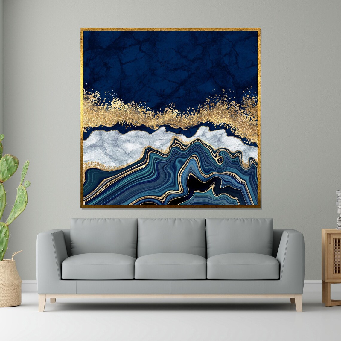 Blue Gold Marble Abstract Art Swirl, Geode Design