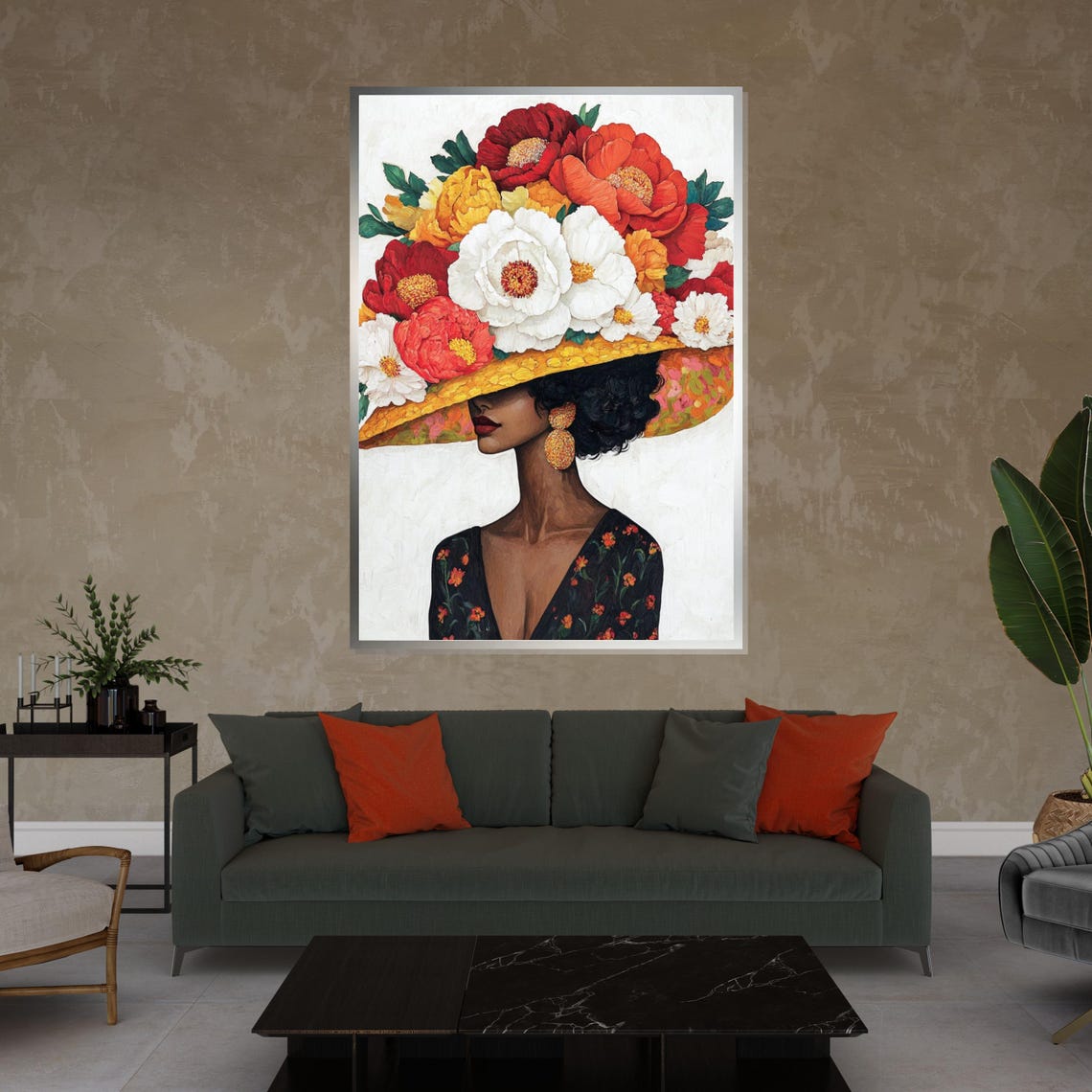 Woman in Flower Hat Vibrant Floral Crown Painterly Portrait Poster - Image 4