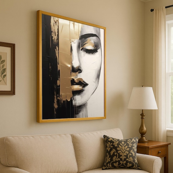 Abstract Female Face Portrait Poster Black And Gold Modern Canvas Art Style