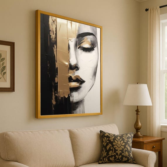 Abstract Female Portrait Canvas Modern Face Wall Art Black Gold Home Decor Elegant Contemporary Stylish Ready To Hang