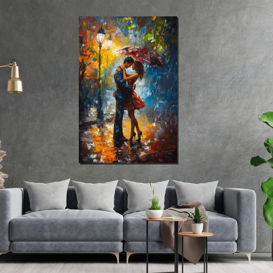 Lovers Under Red Umbrella Rainy Night Impressionist Love Poster - Image 2