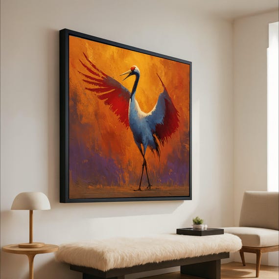 Majestic Crane Bird Canvas Wall Art Vibrant Orange And Red Wings Wildlife Painting Nature Decor Modern Abstract Ready To Hang