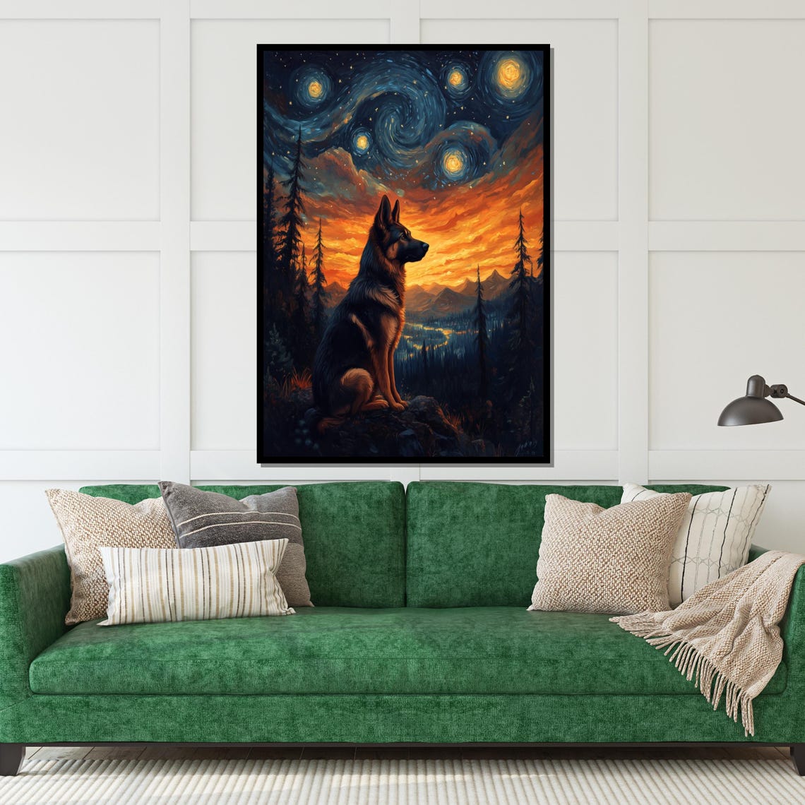 German Shepherd under Starry Night Sky Mountain Landscape Art Poster - Image 5