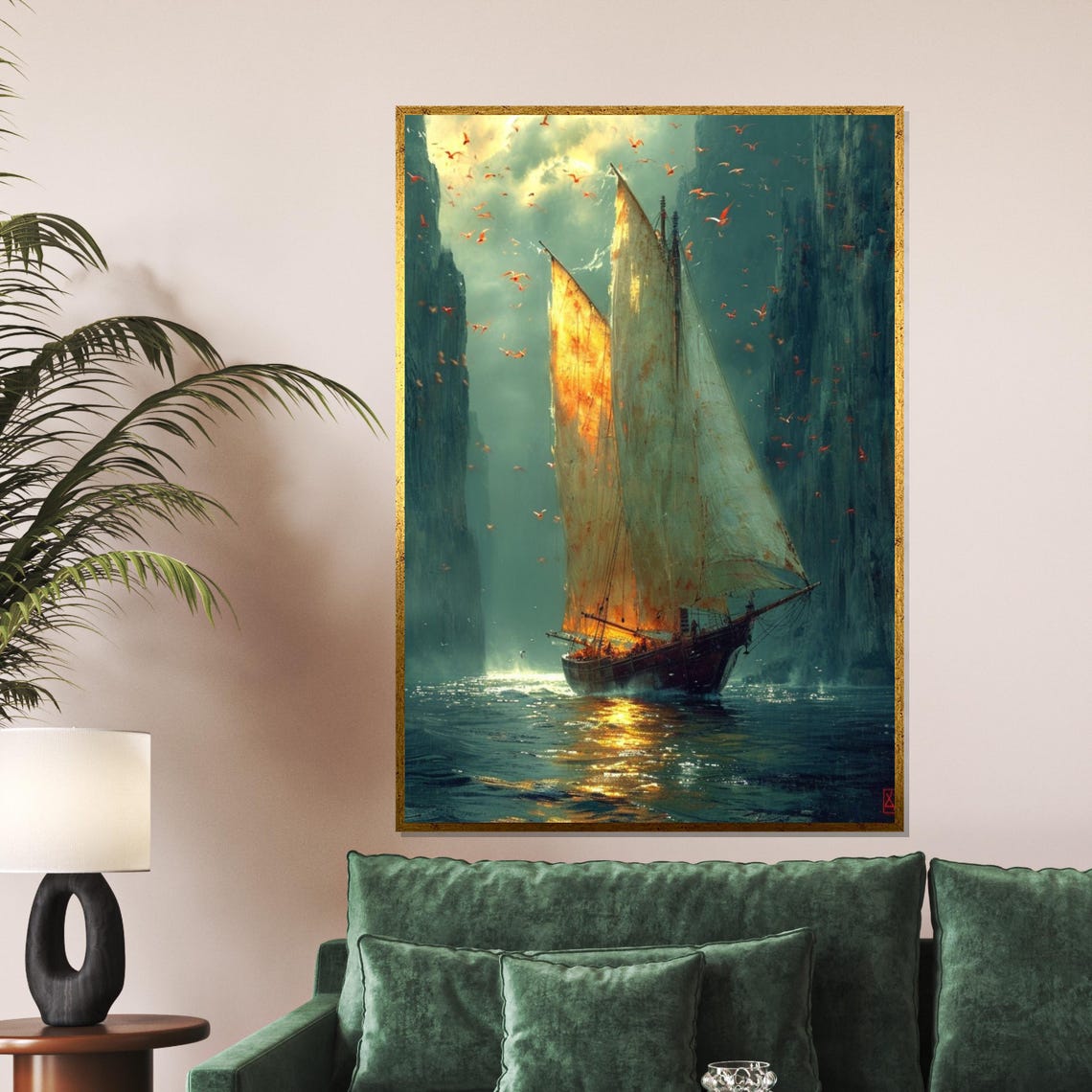 Golden Tall Ship Sailing Between Cliffs Fantasy Seascape Poster