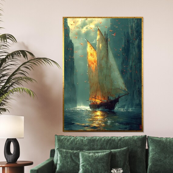 Golden Tall Ship Sailing Between Cliffs Fantasy Seascape Poster