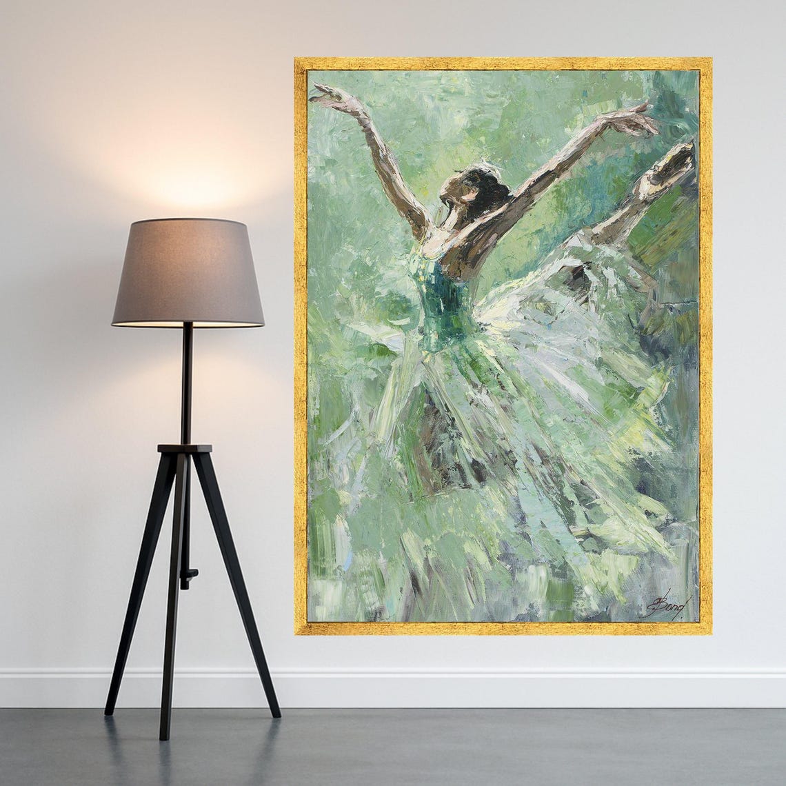 Ballerina Dancing In Green Impressionist Oil Painting Art Poster