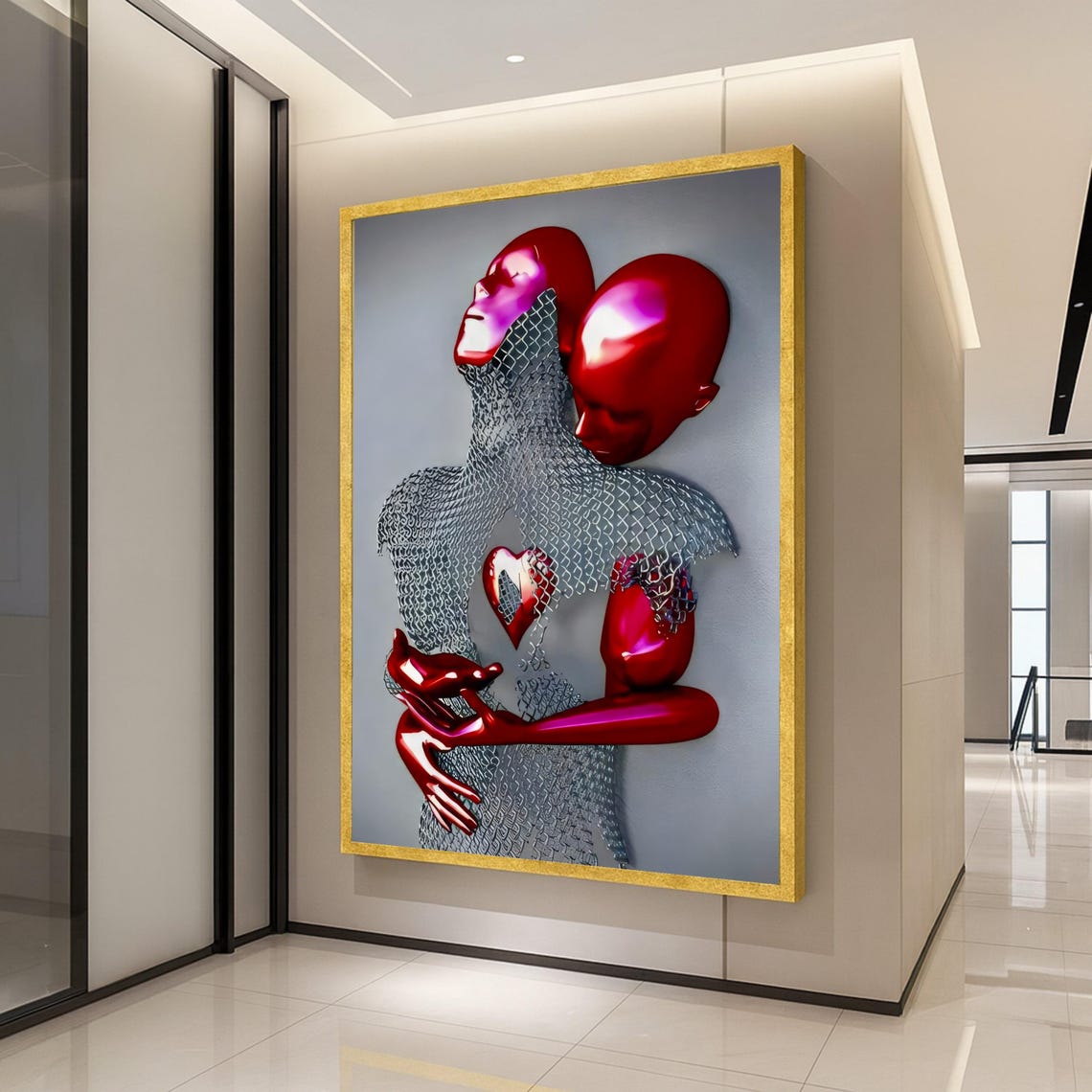 Abstract Red Silver Embracing Couple Heart Symbol Love Art Poster