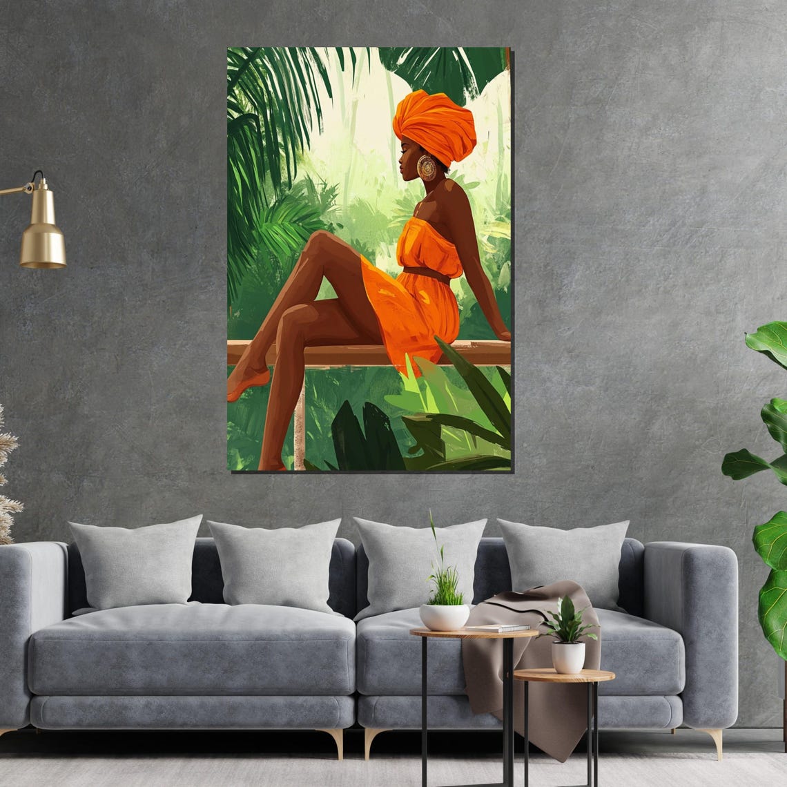 African Woman Orange Dress Headwrap Tropical Jungle Beauty Wall Art - Image 2