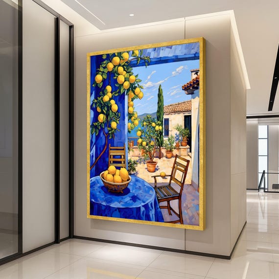 Mediterranean Lemon Tree Canvas Patio Wall Art Blue Tablecloth Outdoor Scene Vibrant Home Decor Citrus Fruit Ready To Hang