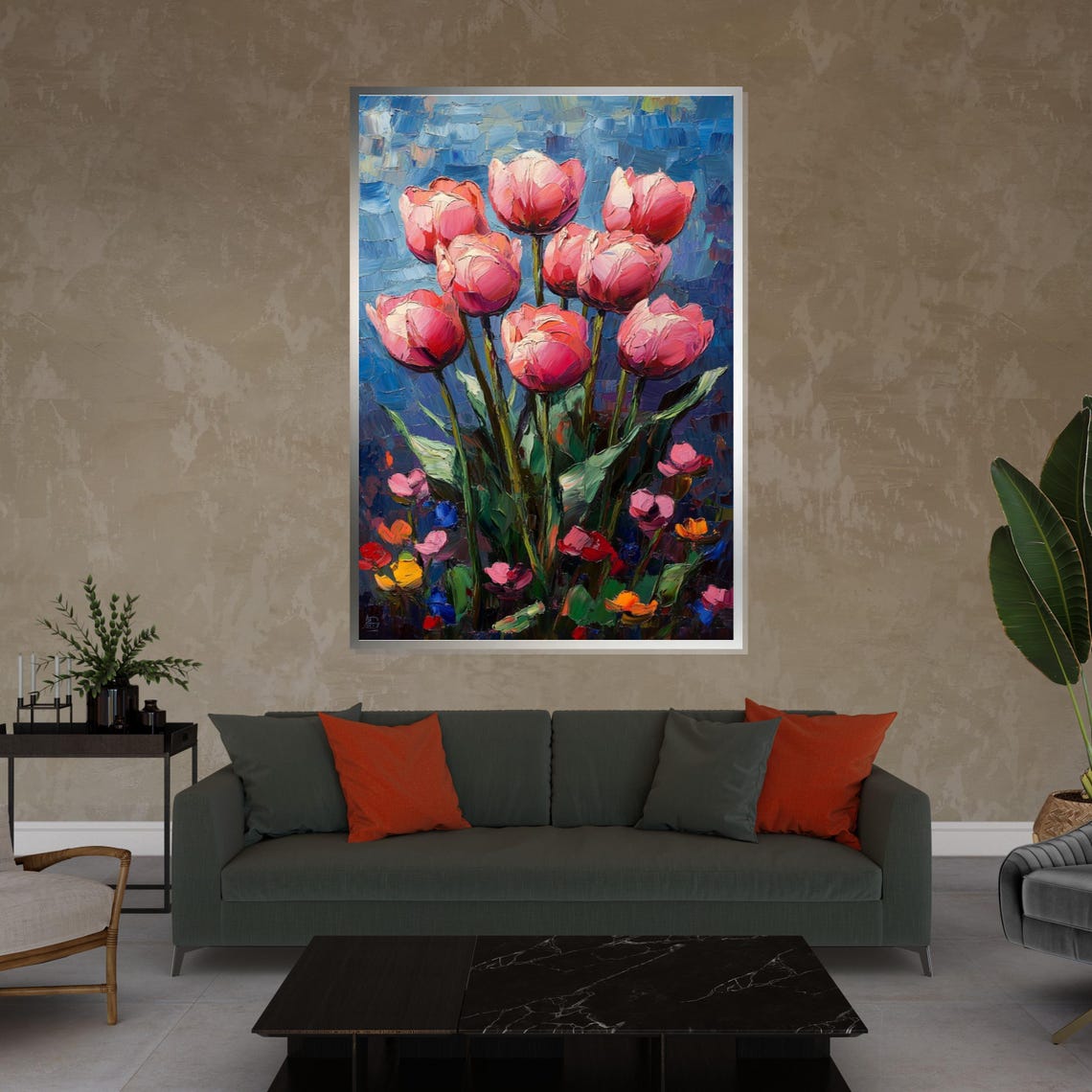 Pink Tulips Blue Background Vibrant Oil Painting Floral Art Poster - Image 4