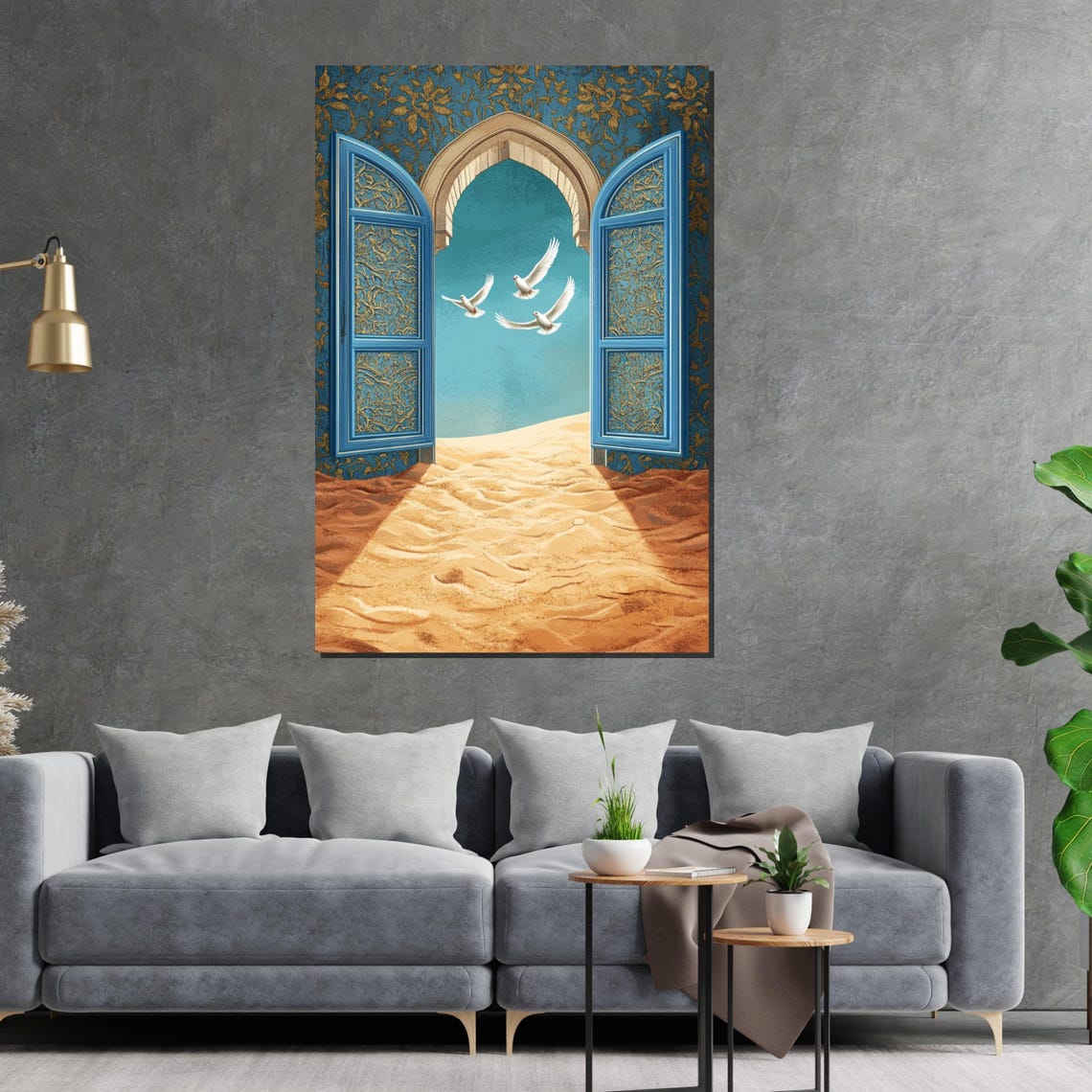 Blue Moroccan Doorway Doves Flying Desert Sand Dreamy Art Poster - Image 2