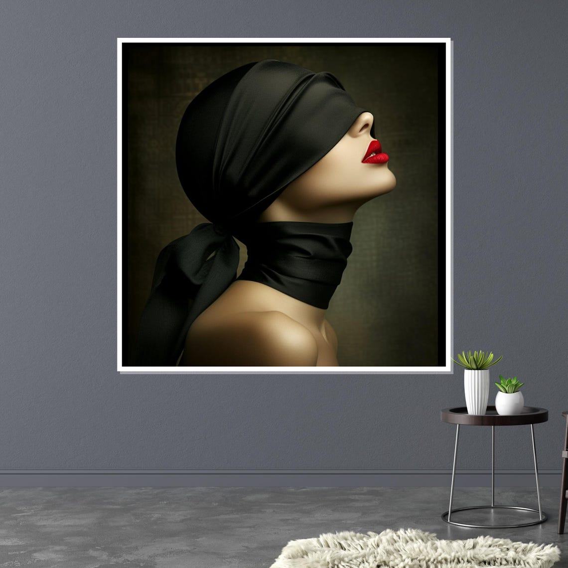 Blindfolded Beauty With Red Lips Dramatic Silk Blindfold Art Poster - Image 2