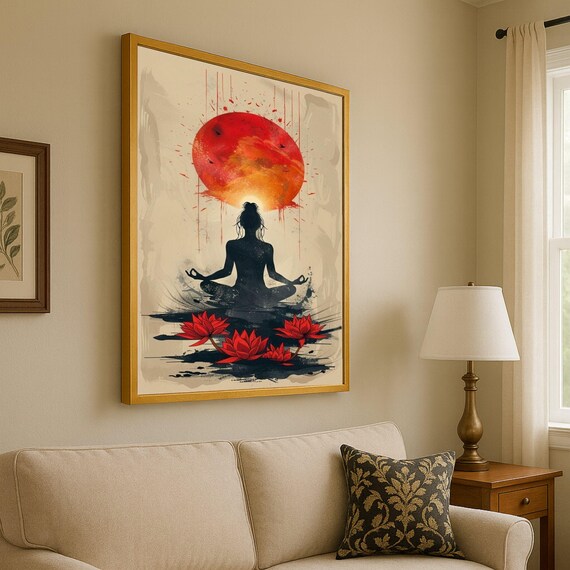 Meditative Yoga Silhouette Canvas Red Flowers Wall Art Spiritual Sunrise Painting Zen Home Decor Mindfulness Ready To Hang