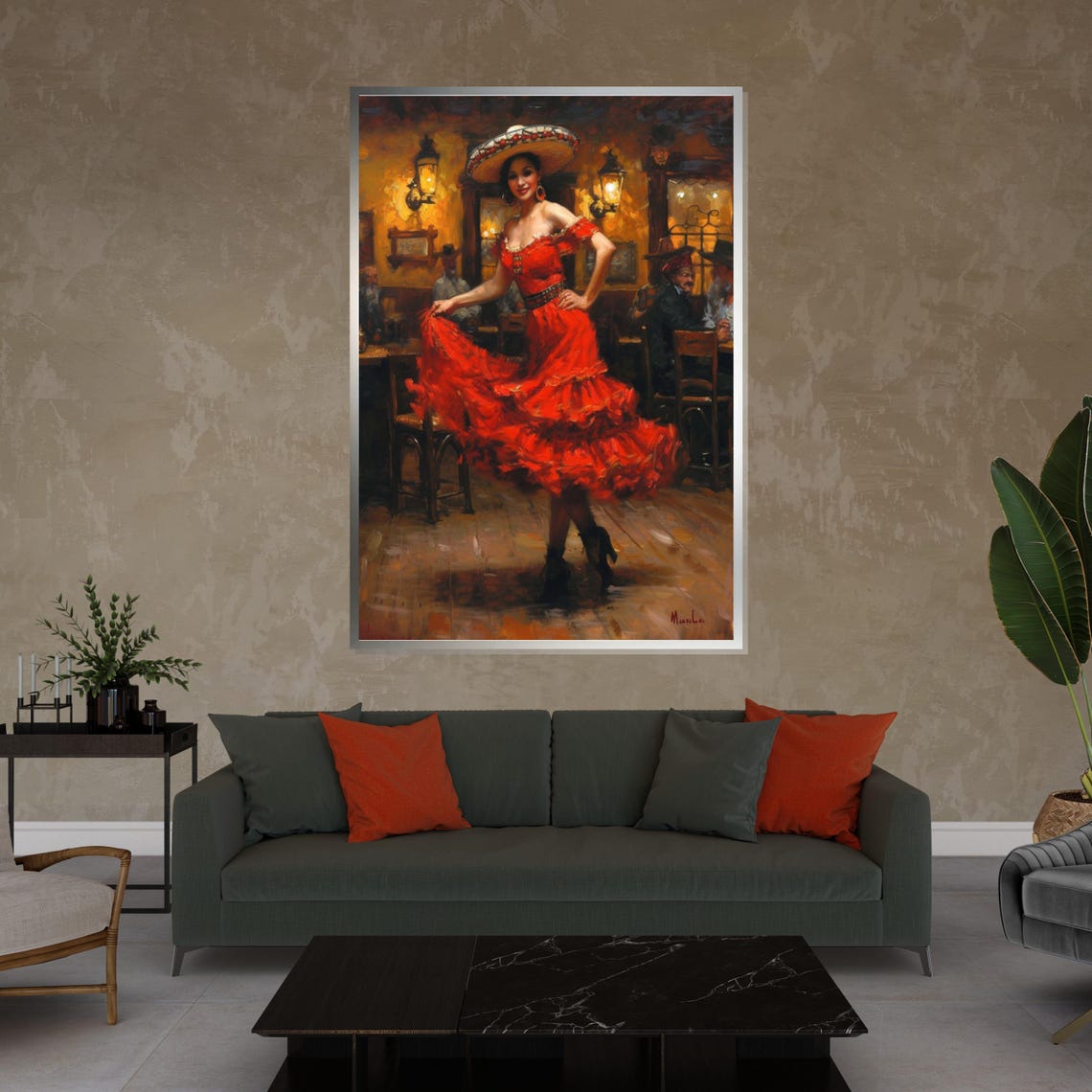 Flamenco Dancer Sombrero Red Ruffles Tavern Oil Painting Poster - Image 4