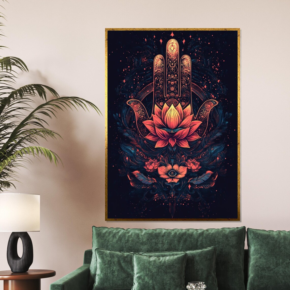 Hamsa Hand Lotus Flower Neon Coral Spiritual Sacred Art Poster