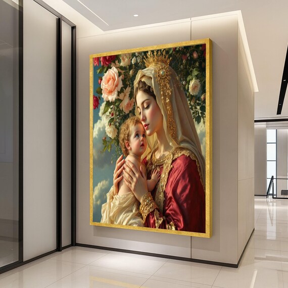Madonna and Child Religious Painting Roses Crown Classical Poster