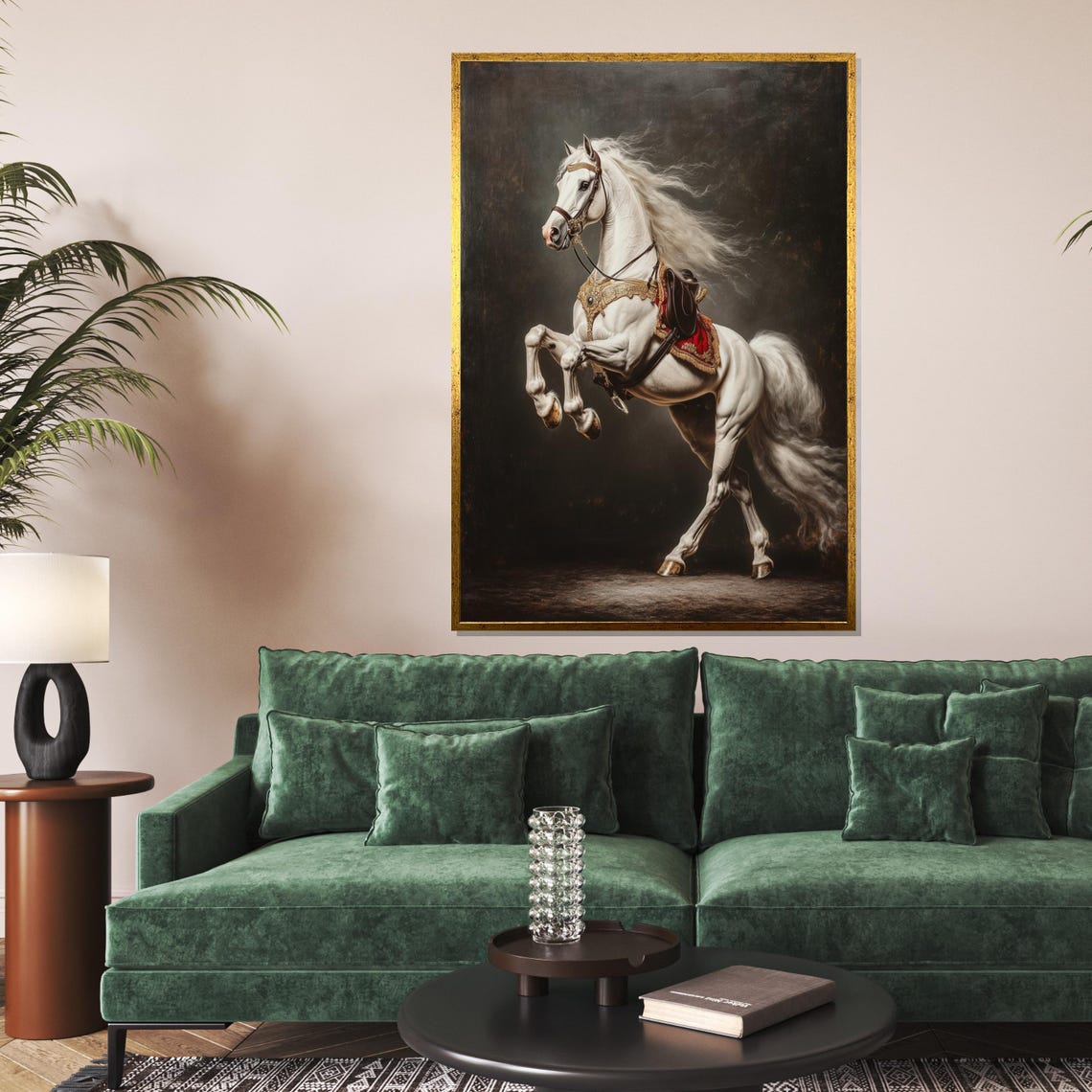 White Horse Rearing Ornate Harness Classical Equestrian Oil Art Poster