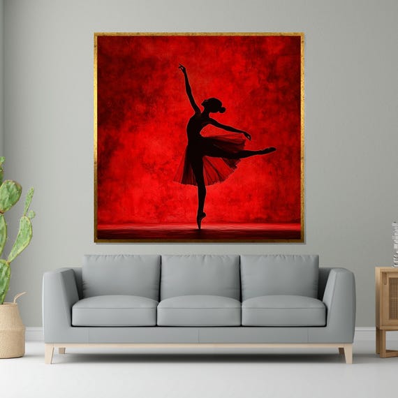 Ballerina Silhouette On Red Dance Art Ballet Wall Decor Elegant Dancer Print Wall Art Design Ready To Hang Decoration