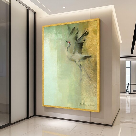 Elegant Crane Bird Canvas Wall Art Minimalist Flying Painting Nature Inspired Home Decor Soft Neutral Tones Modern Ready To Hang