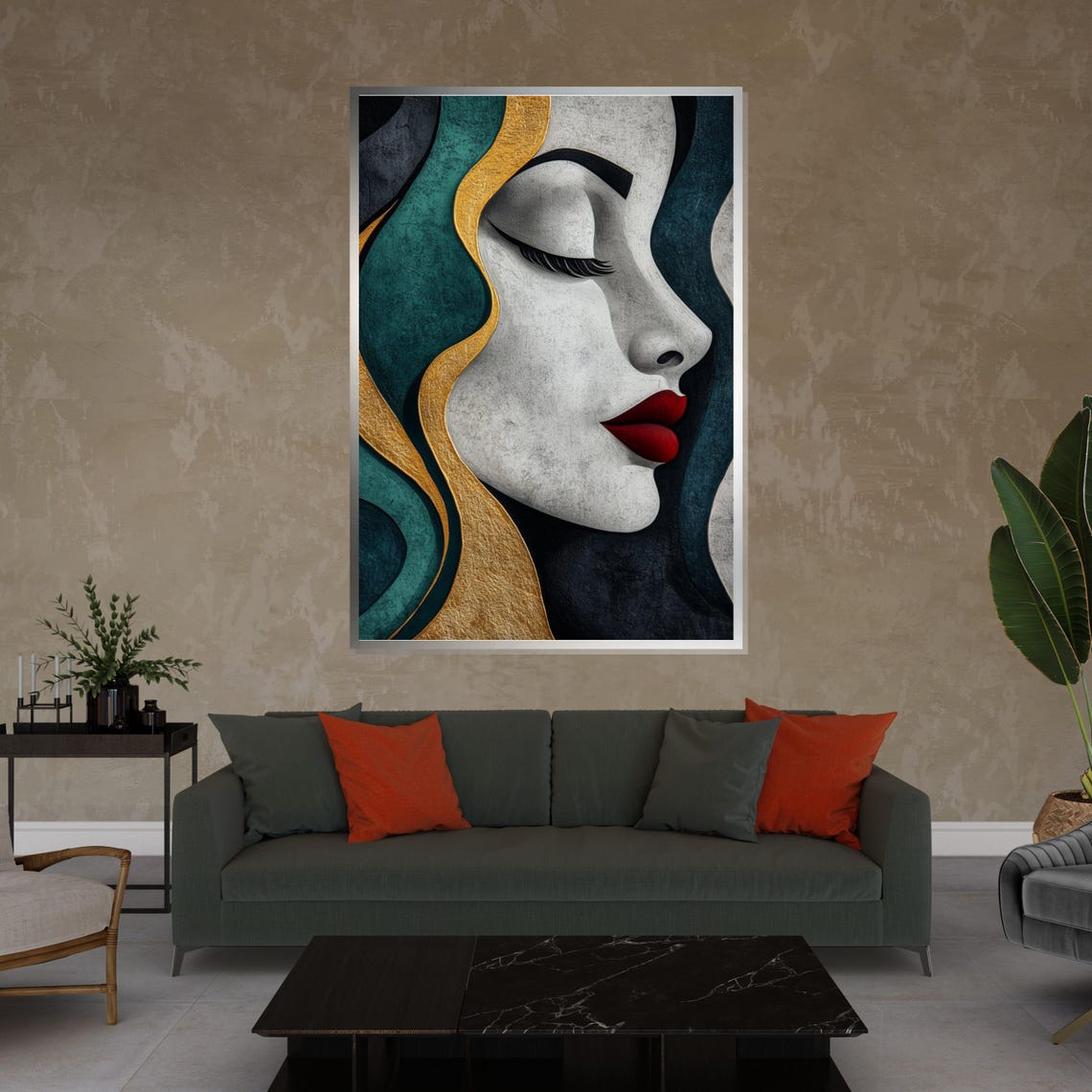 Textured Woman Portrait In Gold And Teal With Red Lips Artistic Poster - Image 3