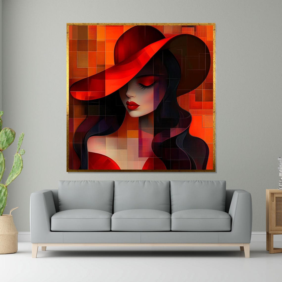 Woman In Red Hat On Fiery Mosaic Background Bold Abstract Poster