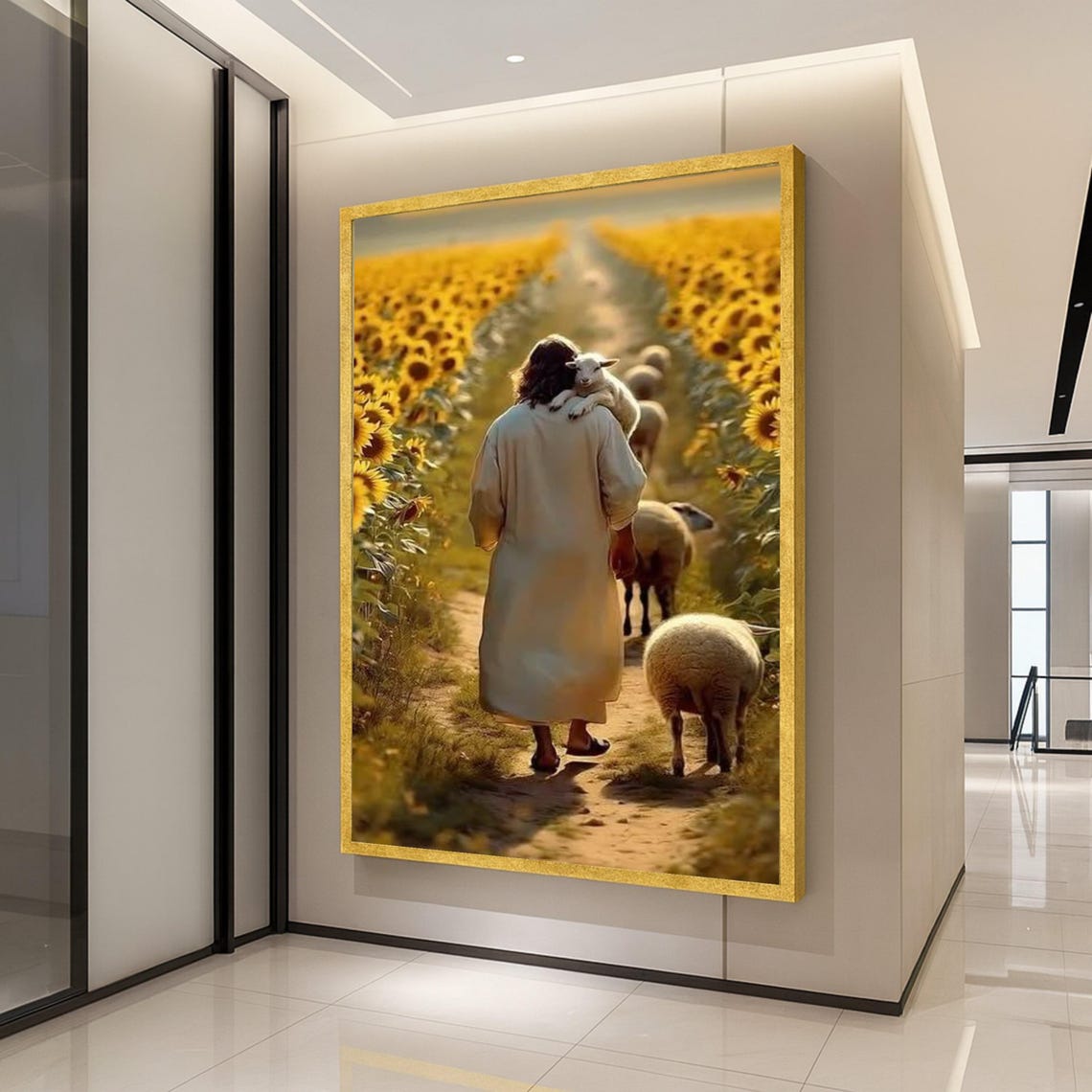 Jesus Carrying Lamb Through Sunflower Field Christian Canvas Print