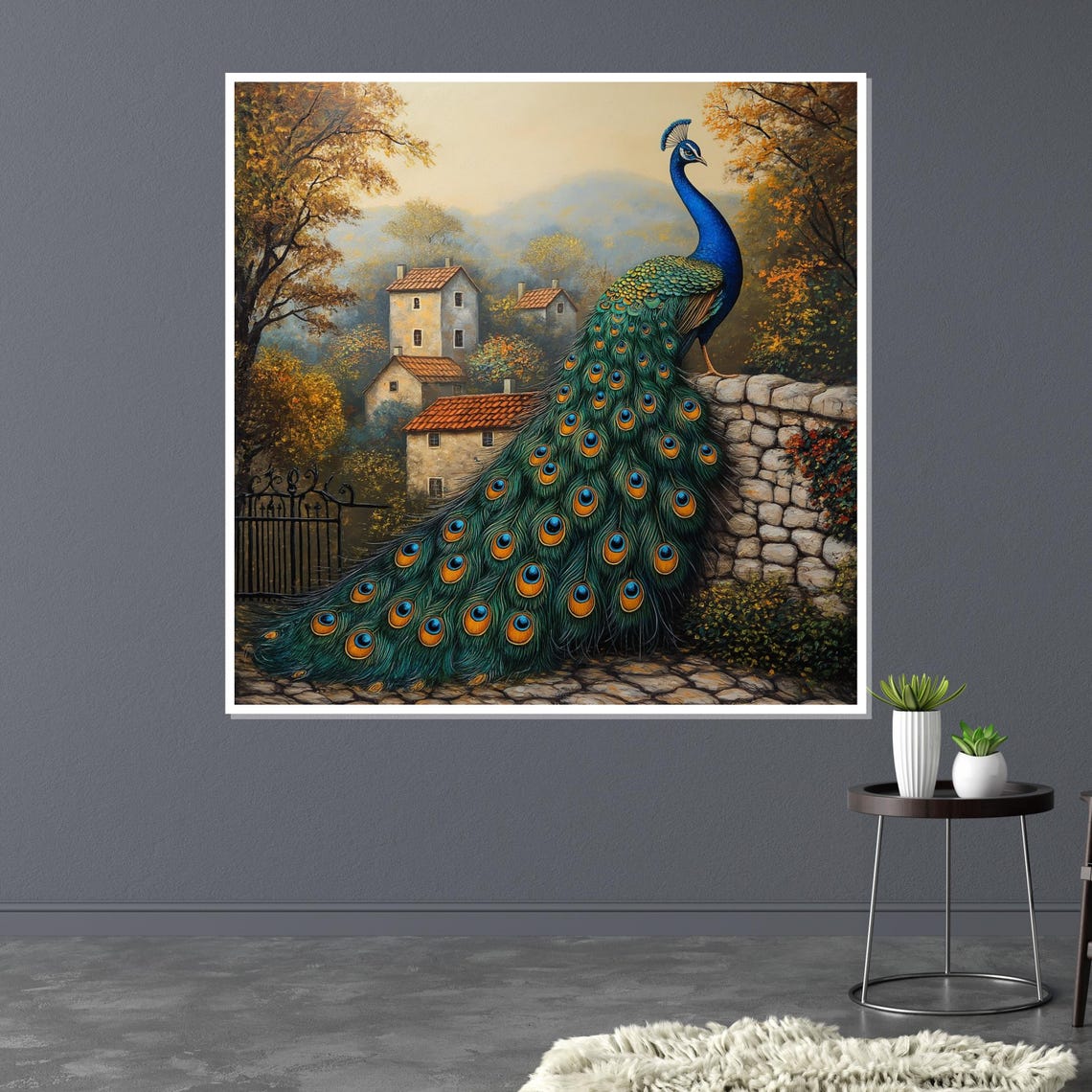 Peacock On Stone Wall Overlooking Tuscan Village Scenic Art Poster - Image 3