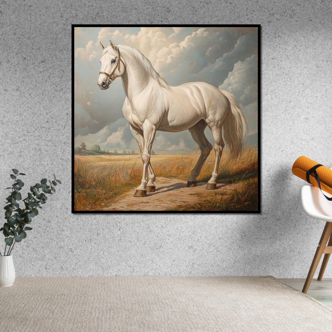 White Stallion On A Country Path Under Cloudy Sky Equine Art Poster - Image 5