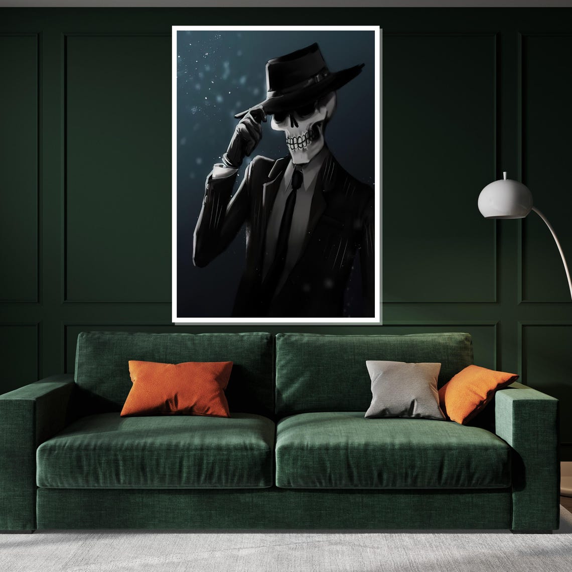 Mysterious Skeleton in Suit Tipping Fedora Night Scene Poster - Image 3