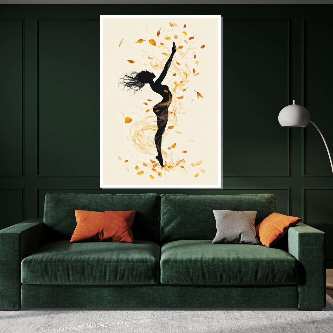 Dancing Woman Silhouette Swirling Autumn Leaves Cream Background Poster - Image 3
