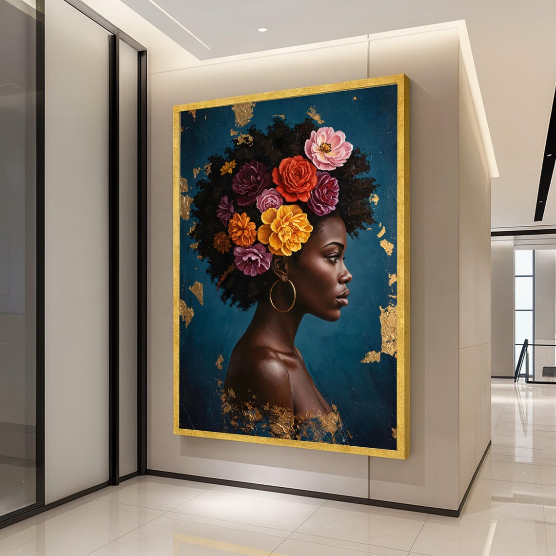 African Woman Portrait With Floral Afro Crown Gold Accent Poster