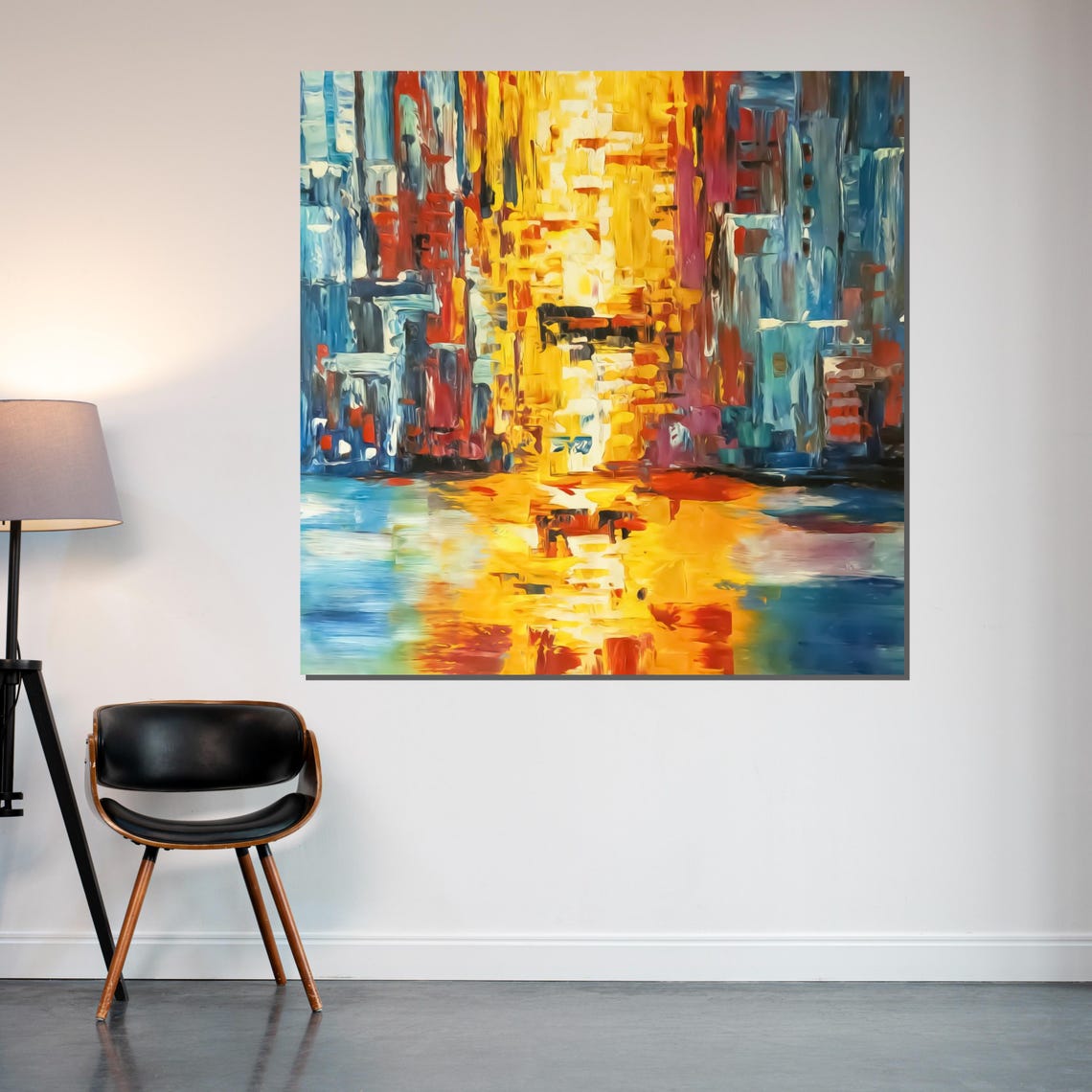 Vibrant Golden Cityscape Night Reflection Colorful Impasto Print - Image 2