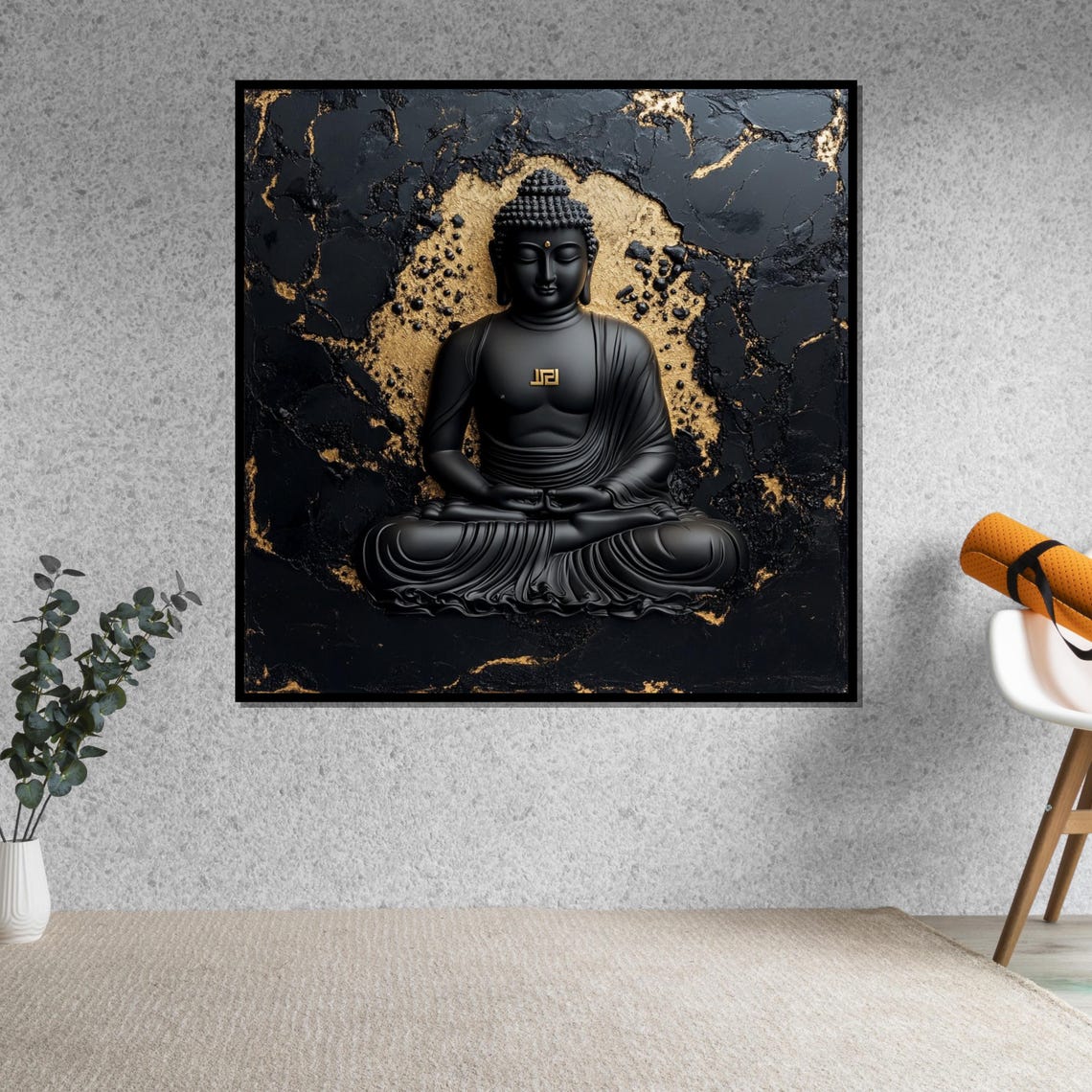 Black Buddha Statue Gold Leaf Textured Meditation Art Poster - Image 5