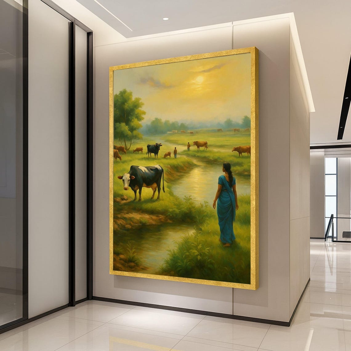 Woman in Sari with Cows by a Stream Golden Sunrise Art Poster