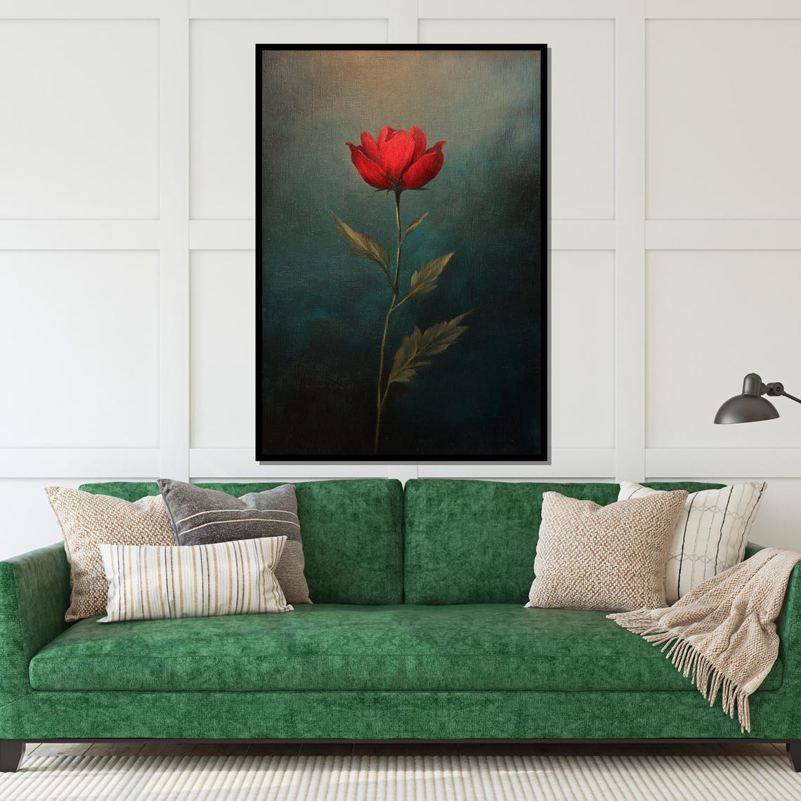 Single Red Rose On Deep Teal Moody Botanical Minimalist Wall Art - Image 5