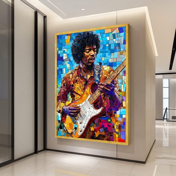 Guitar Legend Canvas Print Mosaic Musician Wall Art Colorful Decor Music Room Accent Ready To Hang Modern