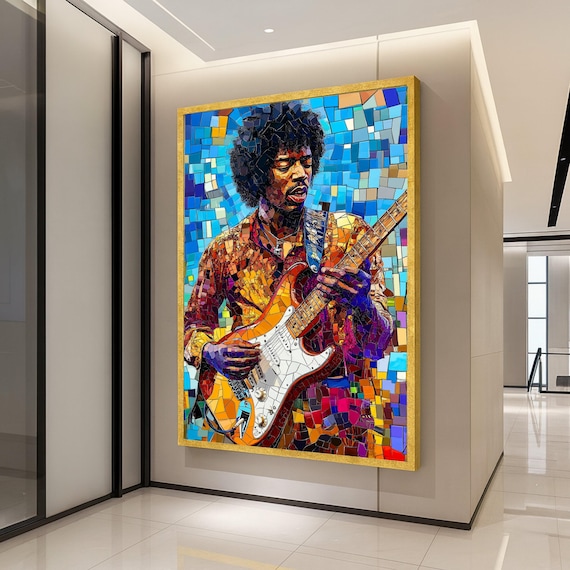 Jimi Hendrix Mosaic Portrait Guitar Colorful Tile Art Music Poster